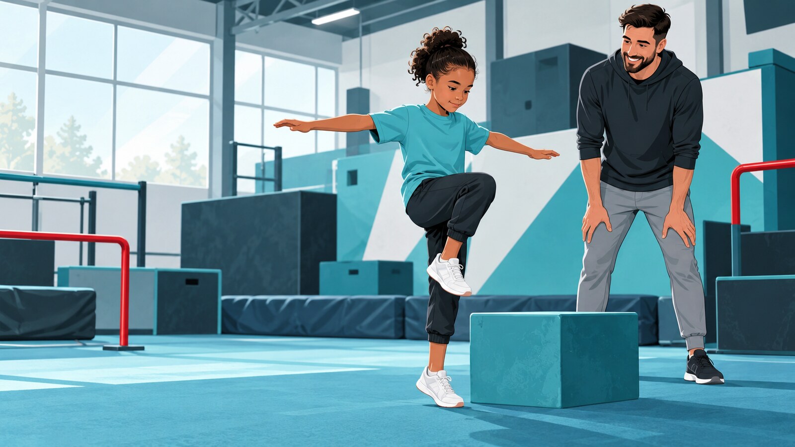 Young parkour athlete rebuilding ankle balance with a coach
